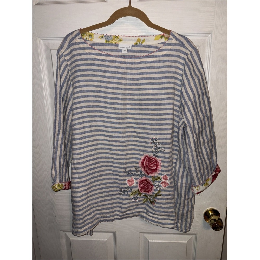 J. Jill Love Linen Blouse XL Blue Striped Embroidered Floral 3/4 Slv Flip Cuff